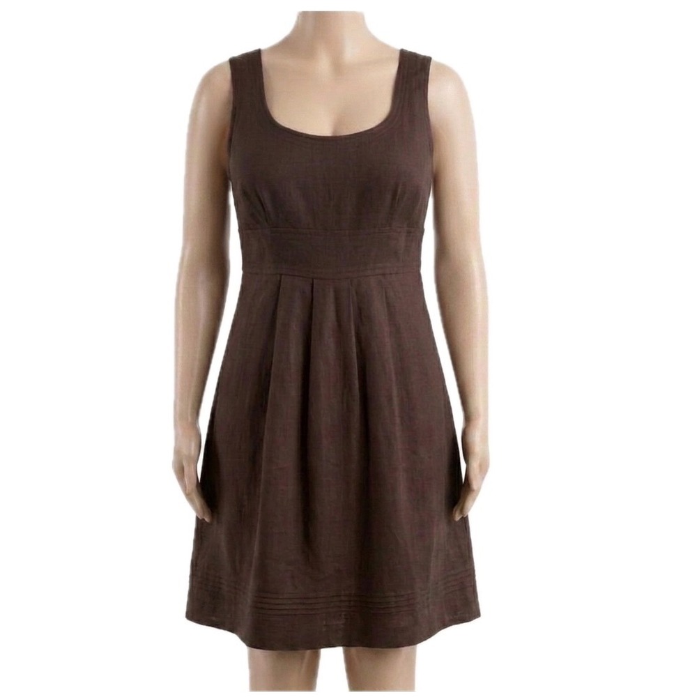 Banana Republic 12 Mocha Brown 100% Linen Pleated A-Line Sleeveless Dress Lined